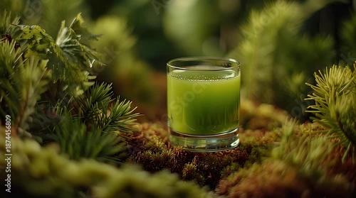 Refreshing green juice in a glass surrounded by lush forest foliage and mossy ground for healthy lifestyle stock video footage