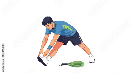 Illustration of a man tying shoelaces with a tennis racket on the ground in a plain white background.