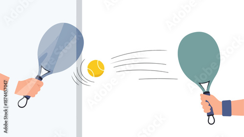 Two hands holding pickleball paddles hitting a yellow ball with motion lines on a white background.