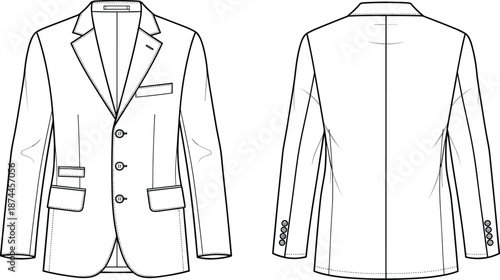 Professional Menswear Technical Sketch of a Classic Three-Button Blazer Suit Jacket Featuring Front and Back Views with Notch Lapels Flap Pockets and Welt Chest Pocket Fashion Vector Template