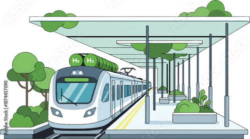 Modern Train Arriving at a Futuristic Station Platform with Greenery and Sleek Architecture