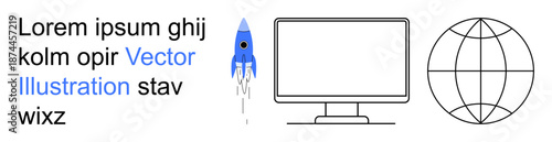 Technology, global connectivity, space exploration, digital networks, innovation, online platforms. A blue rocket, monitor and globe next to placeholder text. Technology and global connectivity