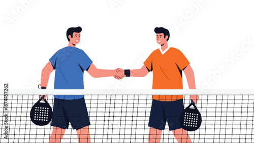 Two men in athletic wear shaking hands over a tennis net with rackets, flat illustration with bold colors.