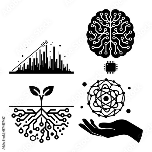 AI Data Analytics and AgriTech Innovation Icons - Brain Chip, Growth Chart, Circuit Roots Plant and Science Atom Hand