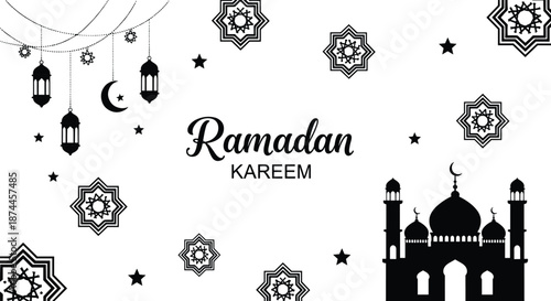 Ramadan Kareem Decorative Banner Featuring a Mosque Silhouette Ornate Hanging Lanterns Geometric Islamic Stars and Celestial Elements in Minimalist Black and White Vector Art Illustration