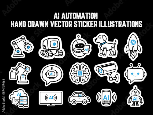 Artificial intelligence and machine learning vector flat vector icon illustration set with robot, neural network, and digital brain illustrations.