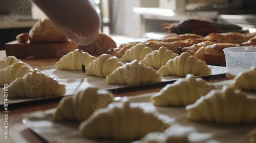 A baker brushes croissants with egg yolks before baking. Traditional process for making French croissants in an artisan bakery.