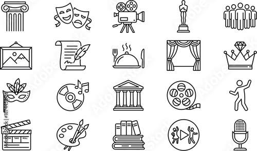Entertainment and arts icon set featuring theater masks, cinema camera, music, painting, literature, dance, museum, film award, stage curtains, masquerade, and creative culture symbols.
