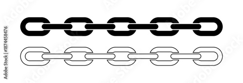 Chain link icon set with connected metal links representing connection, strength, security, linkage and industrial attachment concept