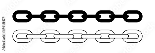 Chain link icon set with connected metal links representing connection, strength, security, linkage and industrial attachment concept