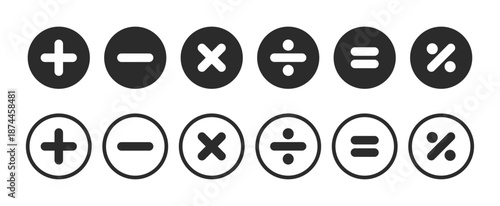Math operator icon set with plus, minus, multiply, divide, equal and percentage symbols representing calculation, arithmetic operation, mathematics and calculator function concept