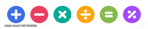 Math operator icon set with plus, minus, multiply, divide, equal and percentage symbols representing calculation, arithmetic operation, mathematics and calculator function concept