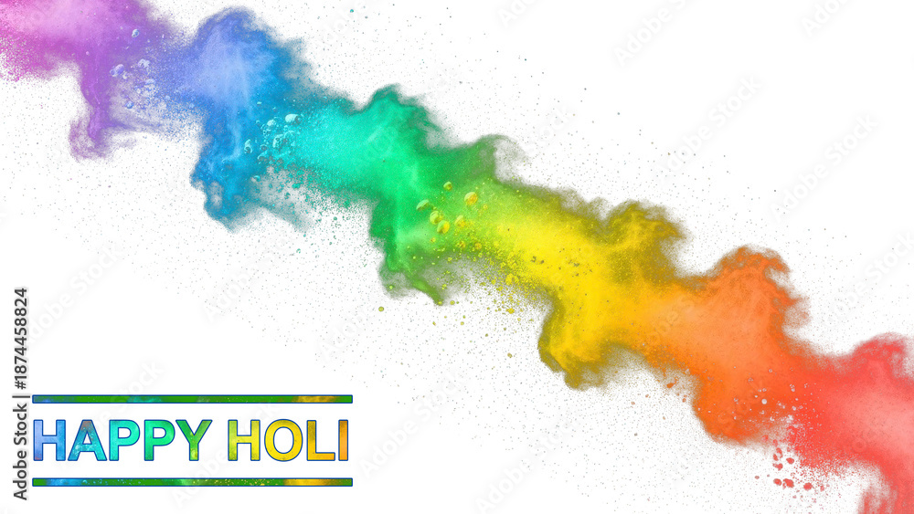 Fototapeta premium A vibrant colorful powder explosion with Happy Holi text on transparent background