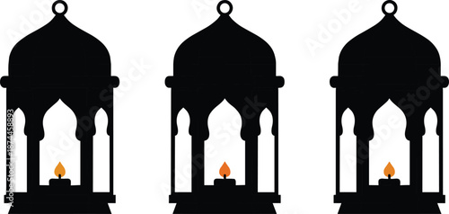 Set of Three Traditional Islamic Lantern Silhouettes with Glowing Orange Candle Flames and Ornate Arch Windows for Ramadan Kareem Eid Mubarak and Religious Festival Decorations Vector Art