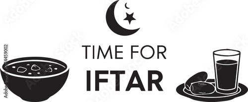 Time for iftar with dates and drink under crescent moon and star