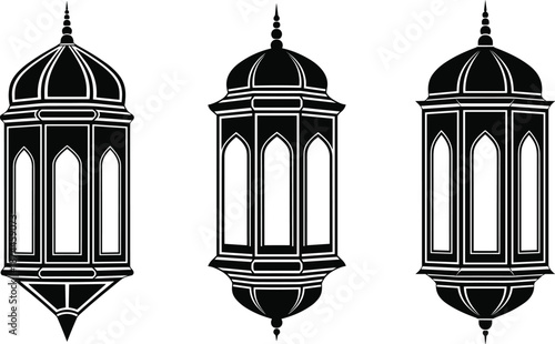 Set of Three Traditional Islamic Lantern Silhouettes with Intricate Arch Windows and Decorative Finials for Ramadan Kareem and Eid Mubarak Festival Graphic Design Vector Illustration