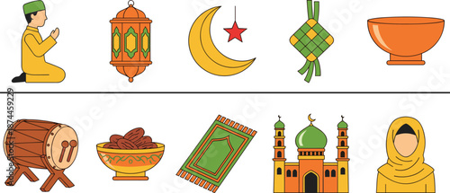 Vector Collection of 10 Colorful Flat Icons for Ramadan Kareem and Eid Mubarak Featuring Muslim Characters Mosque Lantern Crescent Moon Prayer Mat and Traditional Ketupat Food