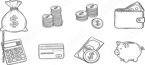 Financial elements illustration featuring money, wallet, and piggy bank in a simple line art style