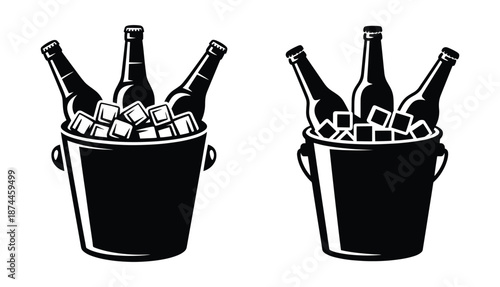 Bottles Cold Beer Bucket Ice, Three Beer Bottle Buckets with Ice, Bucket of Beer, Buckets filled with bottles and ice cubes, Vector illustration