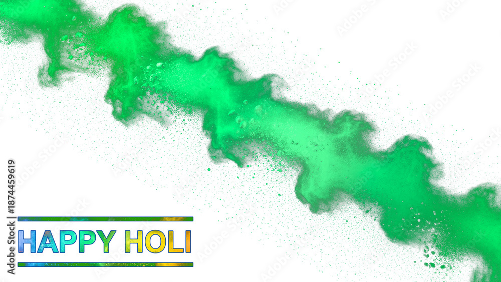 Fototapeta premium A vibrant green powder explosion on a black background with Happy Holi text on transparent background