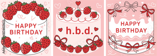 Set of cute pink birthday cake vectors with strawberries bows and hearts for greeting cards and party invitations.