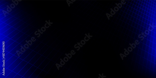 Blue glowing neon wireframe background. Shining checkered diagonal grid planes in depth. Retro futuristic wallpaper. Arcade game sci fi matrix surface backdrop for poster, banner. Vector
