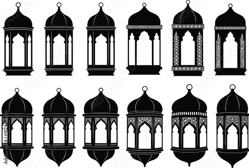 Vector Collection of 12 Traditional Islamic Lantern Silhouettes Featuring Intricate Geometric Cutouts and Ornate Arabic Arch Windows for Ramadan Kareem and Eid Mubarak Festive Graphic Design