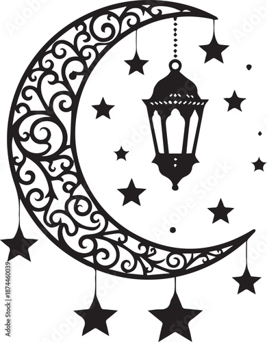 Ornate crescent moon with hanging lantern and stars silhouette