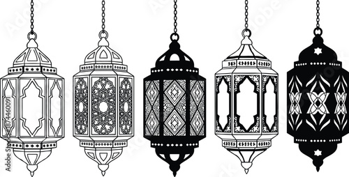 Vector Collection of Five Hanging Islamic Lanterns Featuring Hexagonal Geometric Patterns Arabic Star Motifs and Intricate Line Art for Ramadan Kareem and Eid Festival Decorations
