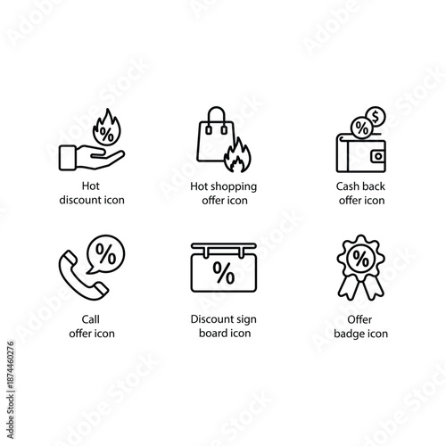 Hot discount, Hot shopping offer, Cash back offer, Call offer, Discount sign board, Offer badge, icon