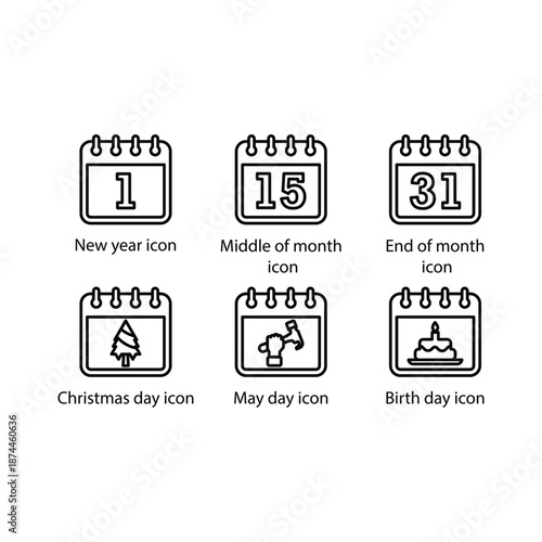 New year, Middle of month, End of month, Christmas day, May day, Birth day, icon