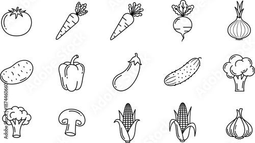 Vegetable icon collection featuring tomato, carrot, onion, potato, corn, garlic, mushroom, and broccoli for farming, nutrition, cooking, and food design.