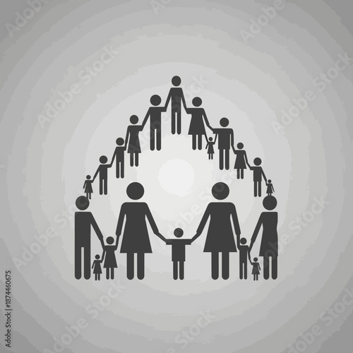 Family unit pictogram icon set forming a house shape on gray background