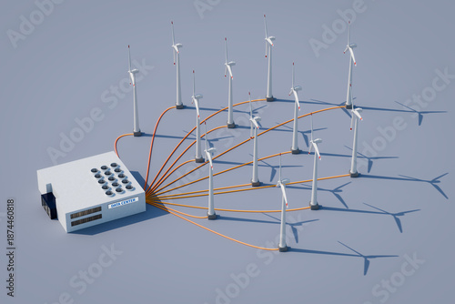 Concept: Huge power consumption of modern data centers for AI computations. A data center and adjacent several wind turbines directly connected to the data center.