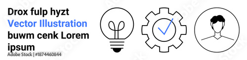 Business solutions, innovation, identity verification, technology, process management, user design. Light bulb, gear and user profile icons. Innovation and identity verification concepts