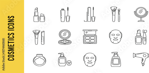 Collection of cosmetics icons featuring various beauty products and tools in a minimalist line art style