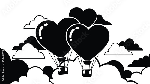 Heart shaped hot air balloons flying in cloudy sky
