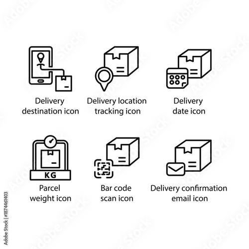 Delivery destination, location tracking, Delivery date, Parcel weight, Bar code scan, Confirmation email, icon