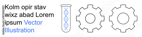 Science, engineering, research development, technology, biotechnology, innovation process. DNA strand in a test tube and two mechanical gears. Science and engineering concepts