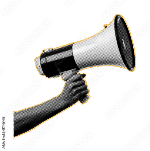 Retro halftone hand holding megaphone art collage on transparent background