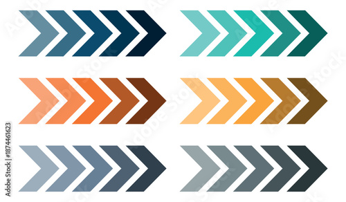 Arrows set. Abstract set of colorful right direction arrows with gradient tones, modern geometric chevrons collection for navigation design, progress concept, business strategy visuals, infographic
