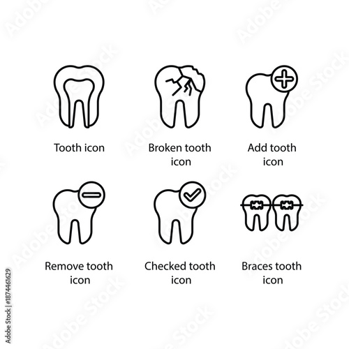 Tooth, Broken tooth, Add tooth, Remove tooth, Checked tooth, Braces tooth, icon