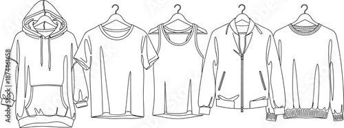 Collection of Hanging Apparel Technical Sketches Featuring an Oversized Hoodie T-shirt Tank Top Zip-up Bomber Jacket and Crewneck Sweatshirt on Hangers in Minimalist Line Art Vector Illustration