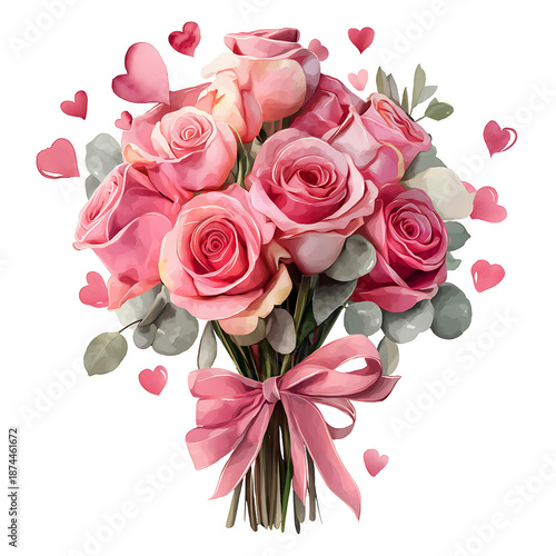 Romantic Valentine's Day Flower Bouquet with Pink Roses and Hearts – Elegant Fresh Floral Arrangement Gift for Her Anniversary Celebration