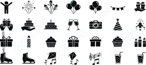 A collection of black icons representing various celebration elements on a white background