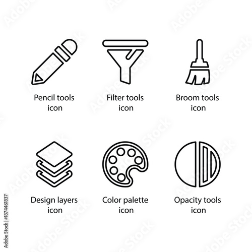 Pencil tools, Filter tools, Broom tools, Design layers, Color palette, Opacity tools, icon