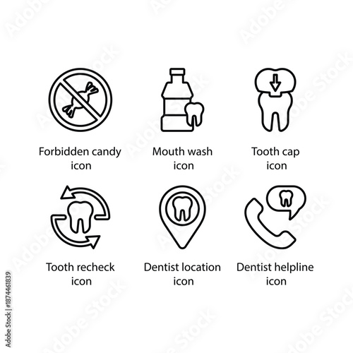 Forbidden candy, Mouth wash, Tooth cap, Tooth recheck, Dentist location, Dentist helpline, icon