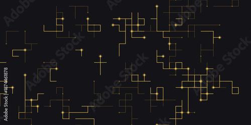 A futuristic digital illustration of glowing yellow lines and dots on a dark background