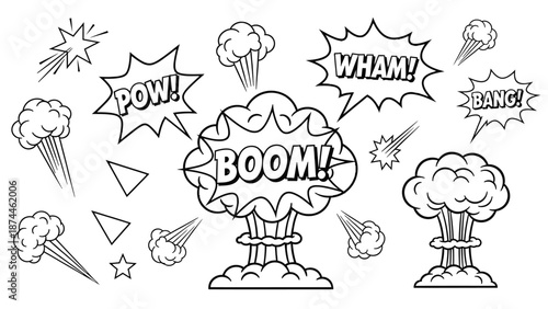 A cartoon illustration of explosive comic book style sound effects and bomb blasts