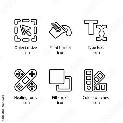 Object resize, Paint bucket, Type text, Healing tools, Fill stroke, Color swatches, icon